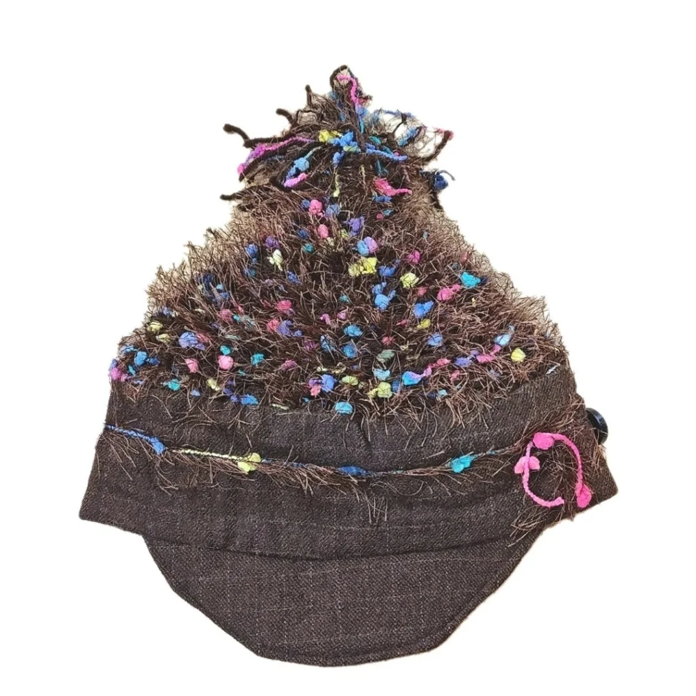 Sue Gallion Y2k Fairy Artsy Boho Brown Frilly Rainbow Confetti Beanie Hat Cap